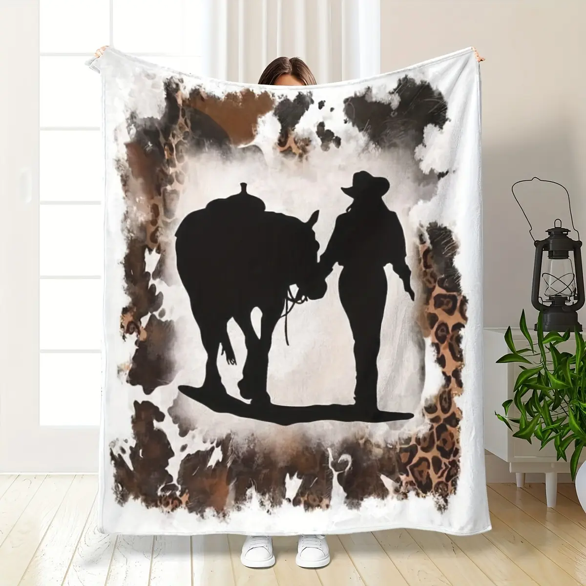 Comfortable Horse Riding Printed Flannel Blanket - 100% Polyester Ultra-Soft Microfiber, Leopard Background with Cowboy Silhouette, Western Motif & Country Style Blankets, All-Season, Bed & Outdoor Use, Easy-Care Durable Home Decor, Perfect Easter Gift, W