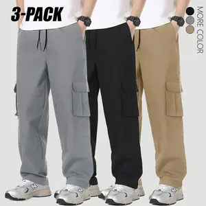 Men’s casual solid-color athletic pants — Solid-color casual cargo pants with multiple flap pockets, a drawstring waist, polyester fabric, suitable for outdoor work and running; regular fit, non-stretch, 100% polyester, designed for all seasons.