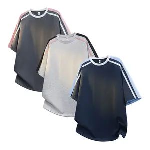 Set of 3 men’s short-sleeve T-shirts: new summer loose-fit casual sports crewneck T-shirt with paneling; trendy streetwear unisex color-block short-sleeve design.