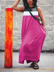 Casual Pocket Tank Top Dress Cap Tank Top Pocket Dress, Large Size, Elegant Daily Wear, Polyester, Contrast All-over Print, Medium Stretch, Fabric, 200g/m², Loose And Elegant Design