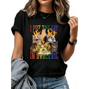 100% Cotton I Put the Gay in Dyslexic Funny Cat Meme Rainbow LGBTQ Pride T-Shirt