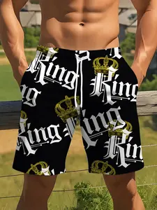 Red Crown Letter 'KING' All-Over Print Shorts for Trendy Summer Men'S Wear, Graphic Print Shorts, Casual Sport Shorts
