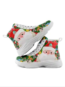 Women's Christmas Print Lace Up Front Waterproof Boots, Casual Lightweight Comfort Soft Boots for Fall & Winter, Female All-match Trendy Shoes for Daily Wear