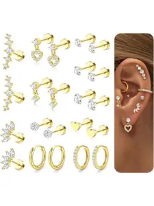 Glamorous 11 Pairs Golden Shining Earrings Hypoallergenic Flat Back Surgical Stainless Steel Copper Earrings for Women Men Cartilage Earrings Stud Hoop Earring Set Daith Conch Tragus Helix Piercing Jewelry Set