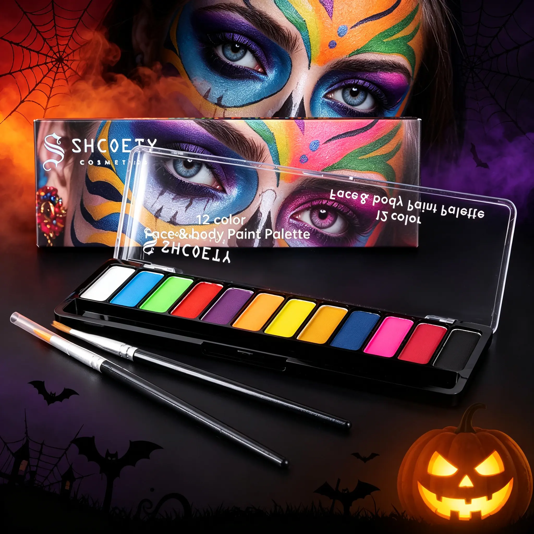 12-Color Face Paint,2 Brushes,Large Water Based Makeup Paints with Stencils,Safe Non-Toxic Professional Cosmetic Kit,Halloween Aesthetic, Artistic Makeup for Adults