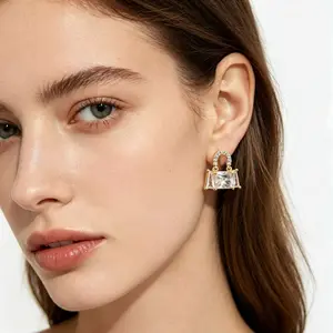 Chic Trendy Mini Handbag Shaped Multi-facet Brilliant Cut Cubic Zirconia Stud Earrings Sparkling Gold Plated Statement Jewelry for Women Girls Perfect for Daily Party Wedding Wear Cute Aesthetic Earrings TikTok Viral Gift for Her