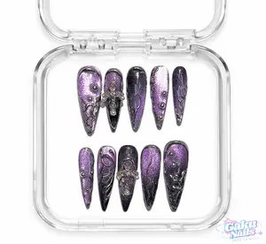 GakuNails DARK VIOLET 10 PCS StilettosHandmade Press On Nails Builder Gel Enhanced Gothic Violet Cateye Majestic Luxurious selectable size Reusable