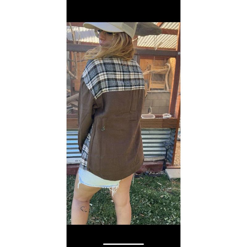 Brown Plaid Patchwork Denim Jacket