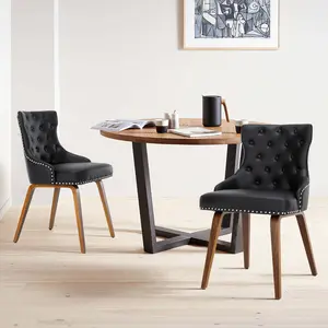 Dining Chairs Set of 2 Upholstered Dining Room Chairs Faux Leather Kitchen Chairs with Button Nailhead Trim and Wood Legs Mid Century Modern Armchair for Dining Room, Kitchen, Living Room
