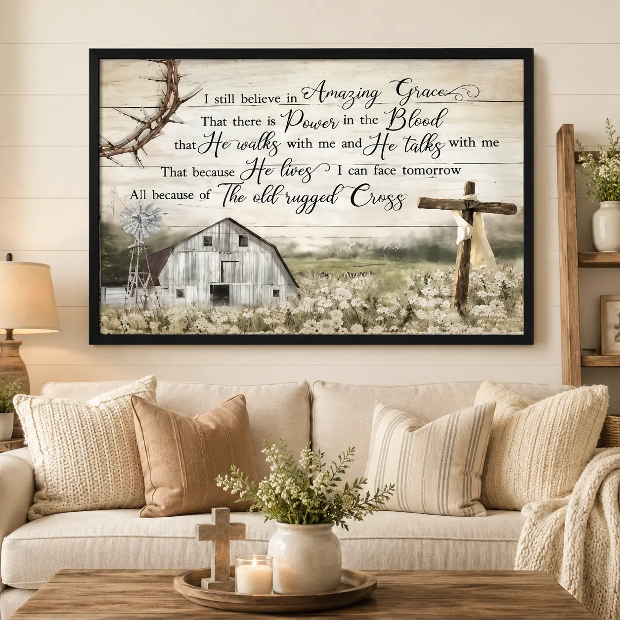 Christian Inspirational Canvas Wall Art Print, Rustic Barn Windmill Landscape with Hymn Verse, Religious Wall Art for Living Room Bedroom Office, Nature Inspired Art, Room Wall Decor, Apt Decor, Aesthetic Design, Modern Minimalist Canvas Prints