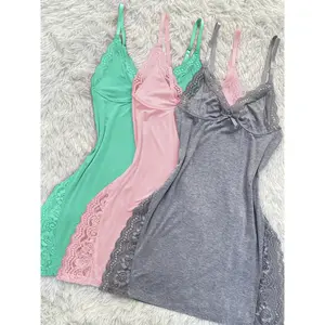 3PCS Pink Green Gray Lace Splicing V-neck Side Opening Modal Nightgown 3pcs Combo Set