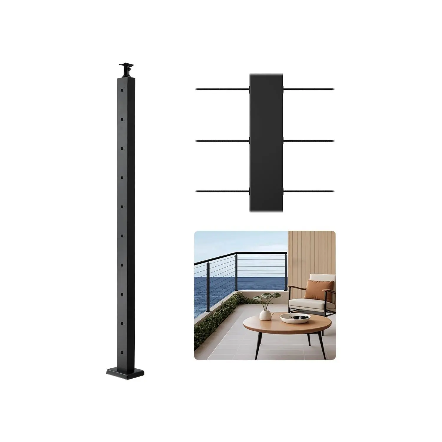 【FathersDayGift】VEVOR 1-Pack Cable Railing Post, 36x2x2 In Horizontal-Hole Deck Railing Post with Pre-Drilled Holes, Stainless Steel Cable Rail Post with Horizontal and Curved Bracket, Black, 1JZLGZXHS9148RVYS001V0Summervibes