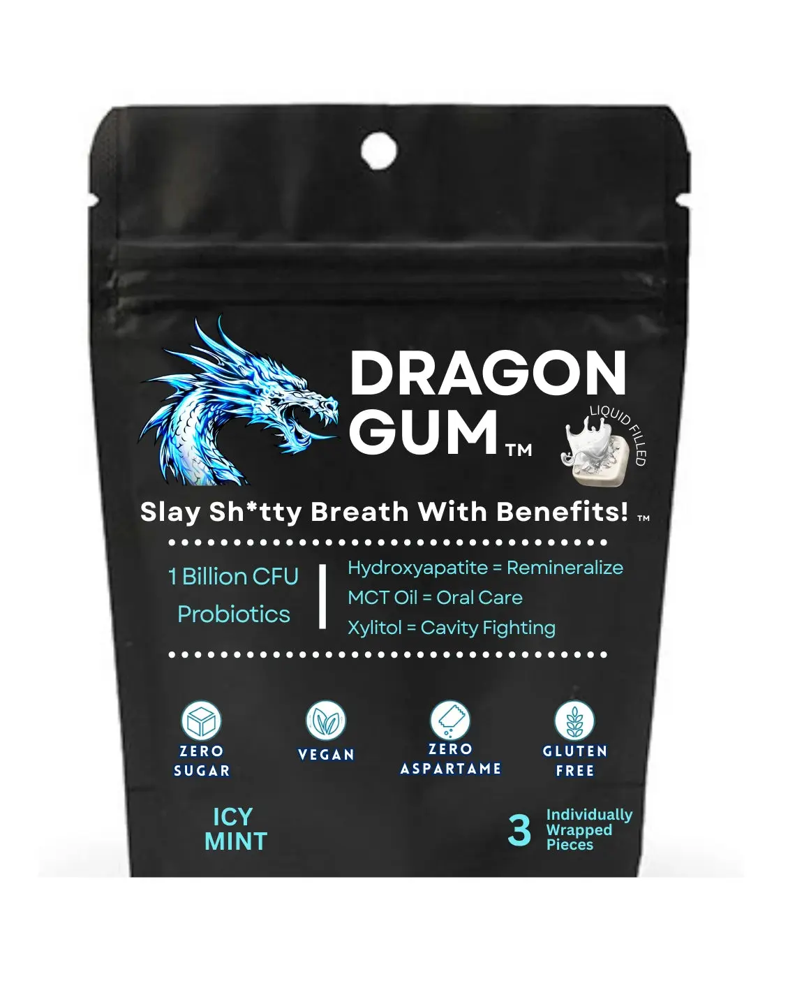 Dragon Gum 3-Piece Travel Pouch Bundle, Icy Mint Xylitol Probiotic Chewing Gum Snack, 0 Sugar, Vegan, Gluten Free, Hydroxyapatite Remineralizing On-The-Go Treat