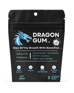 Dragon Gum 3-Piece Travel Pouch Bundle, Icy Mint Xylitol Probiotic Chewing Gum Snack, 0 Sugar, Vegan, Gluten Free, Hydroxyapatite Remineralizing On-The-Go Treat