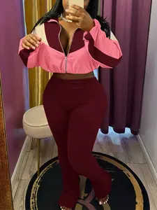 Women's Patchwork Colorblock Zipper Stand Collar Long Sleeve Drawstring Sporty Flare Pants Set, Fashion Retro, Outdoor Daily Wear