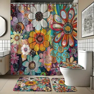 Boho Floral Bathroom Decor Set, 4pcs Waterproof Shower Curtain, Bath Mat, Toilet Seat Cover, 12 Hooks, Holiday Gift, Casual Style