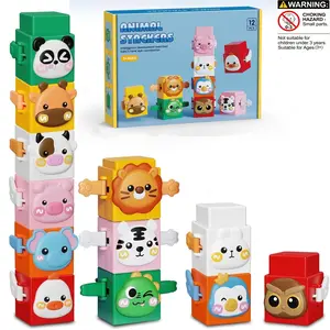 Animal Design Stacking Toy, 12pcs/set Colorful Sensory Block Toy, Pressable Animals Stacking Blocks with Cute Expressions, Fun Gifts for Kids, Building Block Set