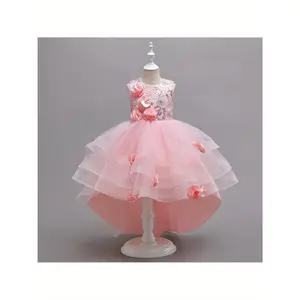 Girls' dress tail princess skirt flower girl fluffy skirt evening dress flowers of sizes are fixed to mesh and by patches and embroidery, forming a staggered "flower bush" effect