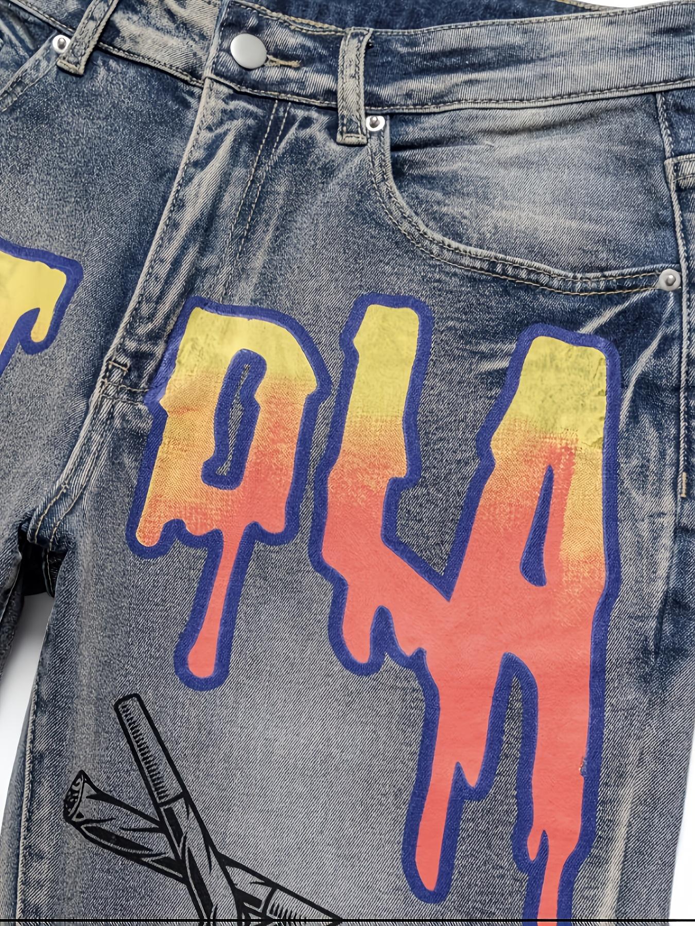 Men’s straight-leg jeans with Y2K graffiti print, European & American fashion trend