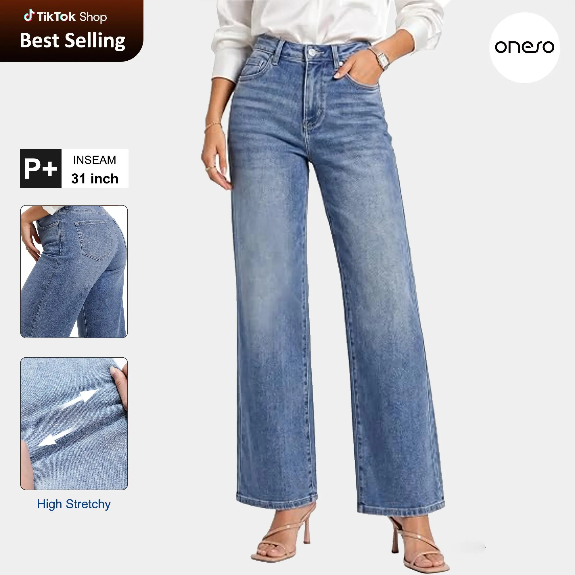 ONESO Women's High Waisted Relaxed Straight Tapered Denim Jeans Premium Stretchy Jeans Wide leg BBL Comfortable Jeans Commuter Style Baggy Soft Breathable Spring& Summer#Summersales