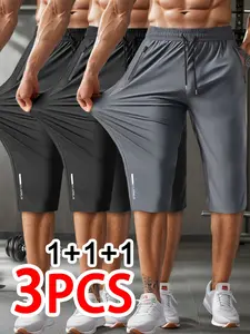 Men’s 3-Pack Knee-Length Shorts, High Elasticity, Casual Design, Regular Fit, Adjustable Waist Drawstring, Zippered Pockets, Suitable for Sports and Everyday Wear