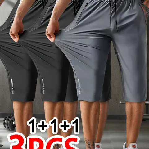 Men’s 3-Pack Knee-Length Long Shorts - Lightweight Drawstring Elastic Waist, Zip-Safe Pockets, High Elasticity, Regular Fit, Sports-Ready for Active & Everyday Wear, Casual Active Mix