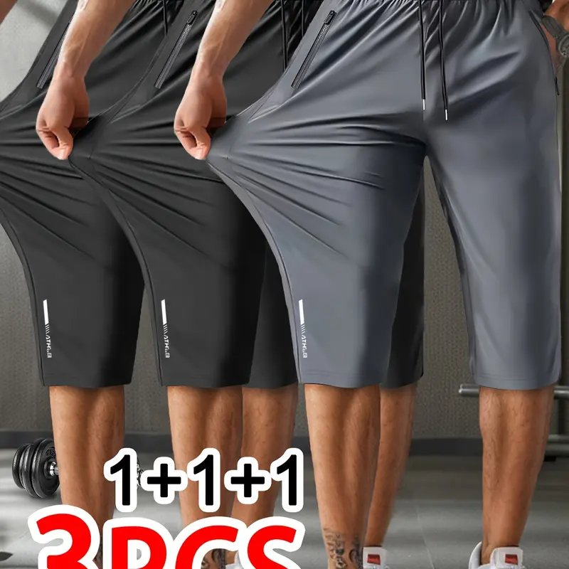 Men’s 3-Pack Knee-Length Long Shorts - Lightweight Drawstring Elastic Waist, Zip-Safe Pockets, High Elasticity, Regular Fit, Sports-Ready for Active & Everyday Wear, Casual Active Mix