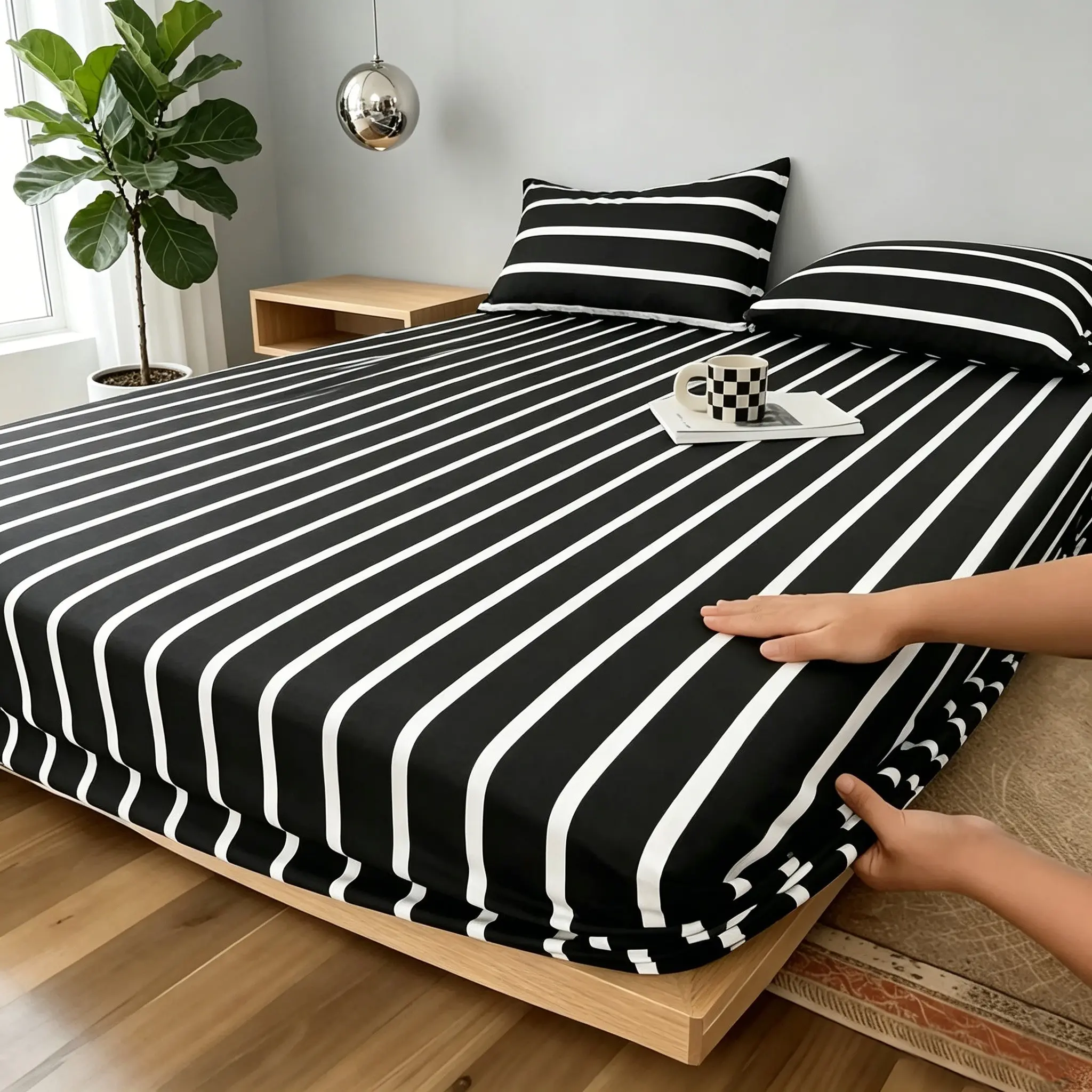 3-Piece Bedding Set, Versatile Fresh Black & White Striped Digital Printed Fitted Sheet Set. Includes 1 Fitted Sheet + 2 Pillowcases (Inserts Not Included). Ultra Soft Fabric, Ideal for Dorm & Bedroom Decor, Perfect Birthday Gift for Men