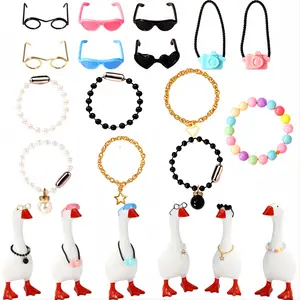 7in Desk Goose Outfits 15pcs , Mini Porch Goose Accessories with Sunglasses Camera Pendant Necklaces Collar Heart Star Gold Chain Fun Clothes Costume Set for Magnetic Table Geese Statue Decor