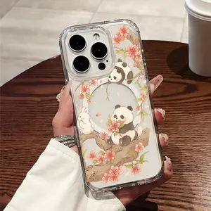 1pc Ink Painting Panda, Rabbit, and Peach Blossom Scene Pattern Magnetic Phone Case for iPhone 11 to 17 Pro Max, Compatible with Galaxy S25, S24, S23 Ultra, and Wireless Charging Compatible. A perfect gift for birthdays, Valentine's Day, or couples.