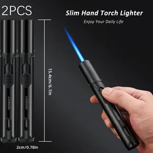 2Pcs Butane Torch Lighters, Outdoor Windproof Lighters, Long Straight Jet Lighter with Fuel Level Window, Refillable Pen Lighter, Adjustable Jet Flame Lighter, Best Gift for Friends, Suitable for Candle Cooking BBQ Camping (Gas Not Included)