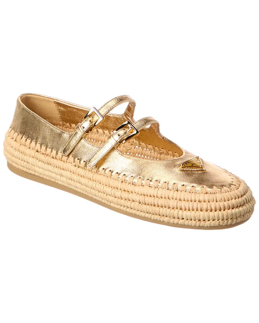 Prada Logo Leather & Raffia Ballet Flat