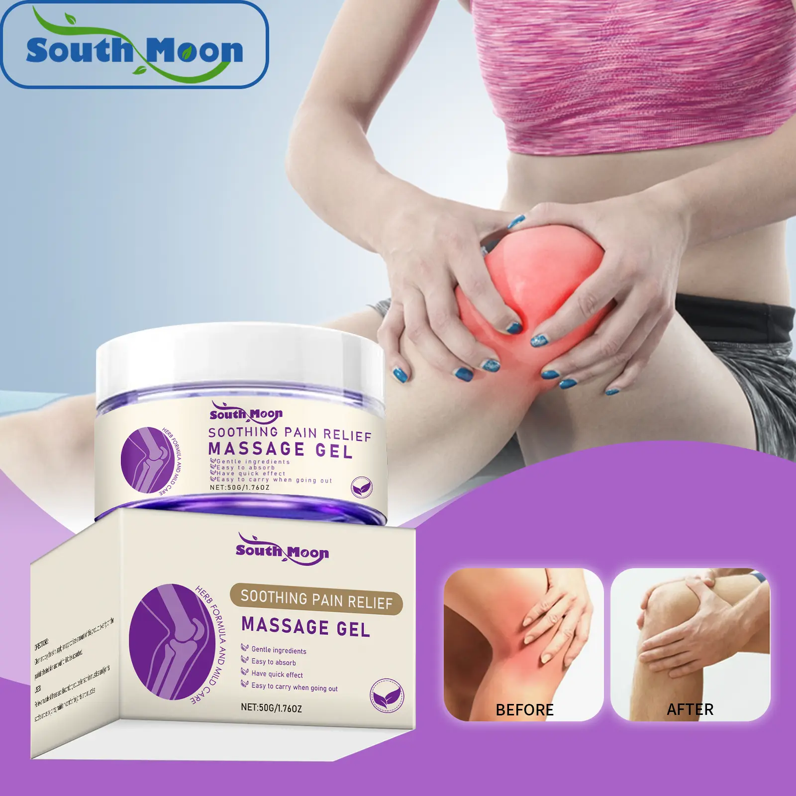SOUTH MOON Soothing Pain Relief Massage Gel for Knee Pain Relief - Targeted Formula for Enhanced Comfort & Effective Pain Management Muscle Recovery Balm Therapeutic Relaxing Healthcare Therapy Treatment