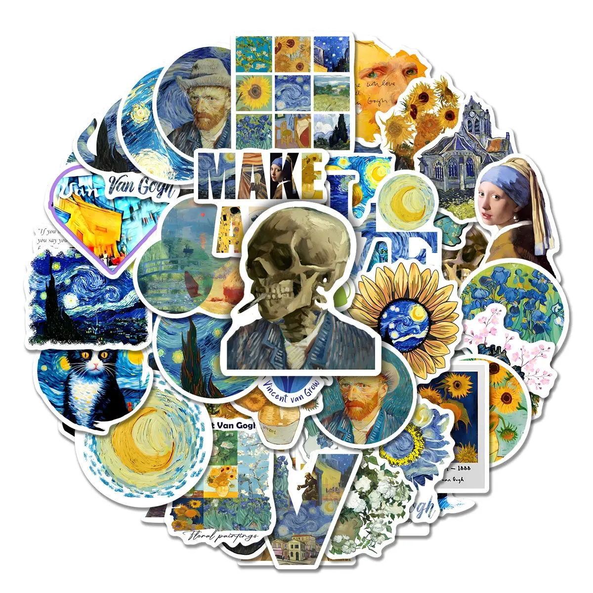 50pcs Van Gogh Art Themed Stickers Pack, Waterproof Impressionist Art Famous Van Gogh Painting Decals, Sunflower Stickers for Laptop, Water Bottle, Journal & Scrapbook, Art & Van Gogh Lover Gift