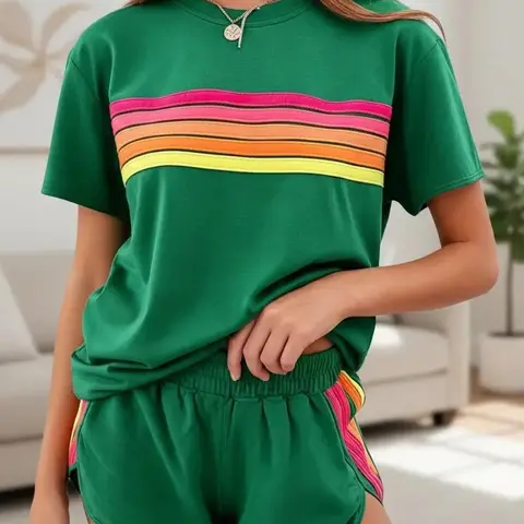 Tongudon Women's 2-Piece Retro Stripe Crew Neck Short Sleeve Top & High Waist Above-The-Knee Shorts Set - Fitted Regular Fit, Soft Stretchy Breathable Fabric, Pockets, Summer Vacation Outfits