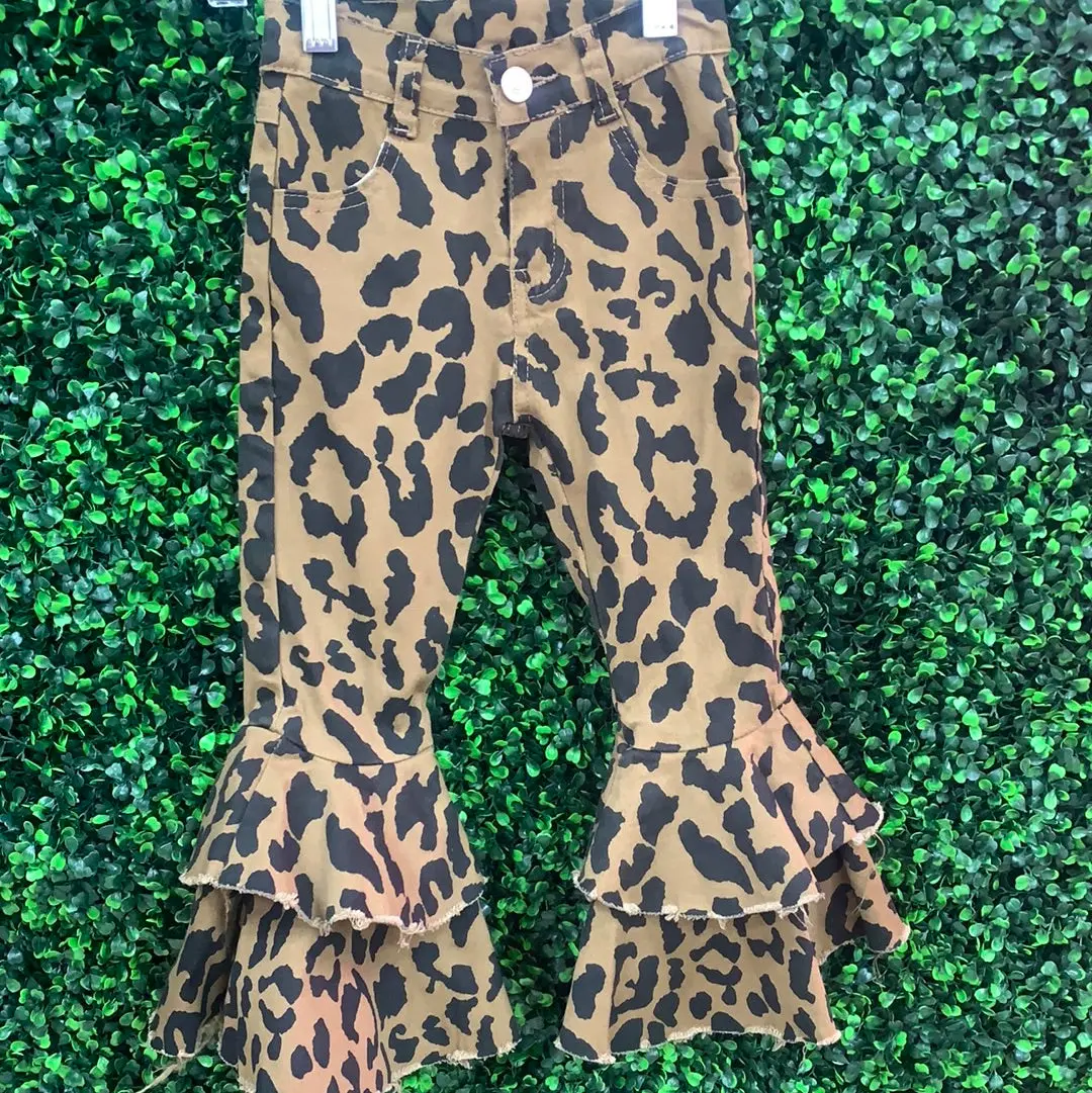 Leopard Double Denim Ruffle Pants