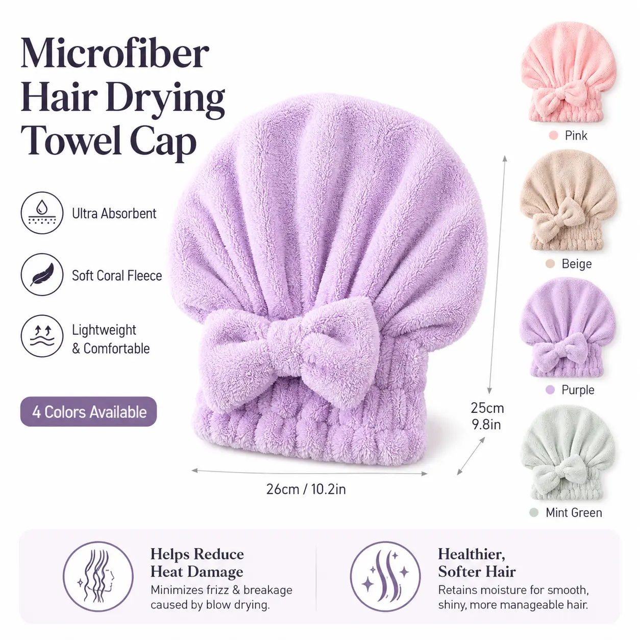 Women's 2/4-Piece Portable Camping & Bathroom Hair Care Set - 2 Pcs Option: Pink+Lavender Reusable Shower Caps, Ultra-Soft Absorbent Bow-Decorated Hair Drying Towel; 4 Pcs Option Includes Shampoo Cap, Adults' Soft Dry Towel