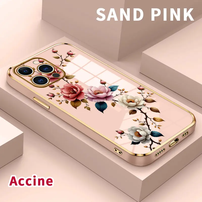 Electroplating Phone Case for iPhone 15 Pro Max 17 16 14 Plus 13 12 11 Floral Elegance Patterned Classic Square Design Non Slip TPU Soft Shell Protective Smartphone Cover