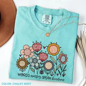 Comfort Colors Words Matter Kindness Floral T-Shirt, Positive Affirmation Flowers Clipart, Trendy Casual Tee, Women's Letter Print Short Sleeve Tee