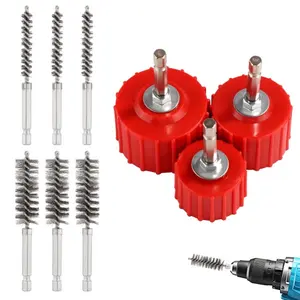 9pcs Copper Pipe Cleaner Set for Power Drill, Include 1/2" 3/4" 1" Tube Brush and 6pcs Stainless Steel Wire Bore Brush Metal Pipe Cleaning Tool for Drill Clean Copper Tubes and Fittings for Soldering
