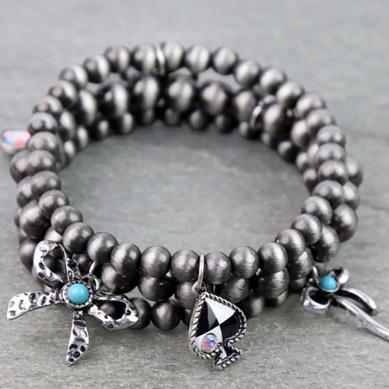 Western Bow Bracelet with Checker Accents 3 Layered Stackable Charm Bracelet for Women