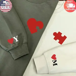 Custom Puzzle Heart Couple Matching Sweatshirt, Personalized Initials Name Gift For Couples, Matching Shirt Gift For Her, Anniversary Gift H