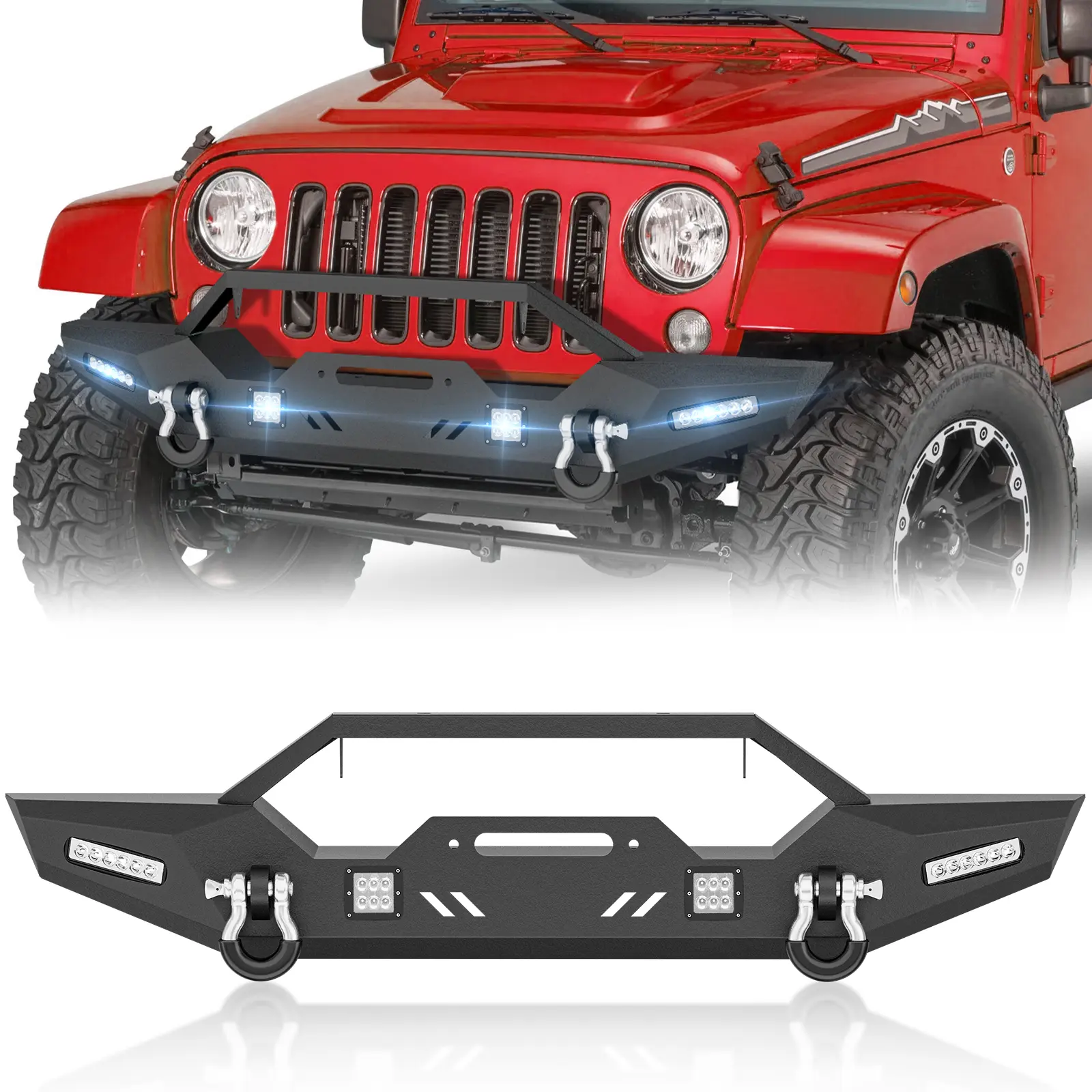 YZONA Carbon Steel Front Off-Road Bumper for Jeep Wrangler JK JKU 2007-2018, with 12,000 lbs Winch Plate, 4x18W LED Lights, 2x4.75-t D-Rings, Complete Car Exterior Accessories