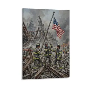 1pc Frameless Canvas Art, Realistic 9/11 Firefighters Raising US Flag Print, Gray - Red Toned, Memorial Wall Decor for Home/Office, Printed Artwork