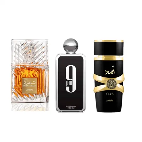 Lattafa Perfumes Khamrah, Asad + Afnan 9PM Unisex Fragrance Bundle - 100ml (3.4 Fl oz) Value Pack