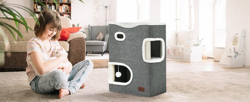 YIATHOME 2 Storey Cat House, Cat Beds for Indoor Cats, Small Cat Condo with Scratch Post and Hideaway Cave, Cat Cube Playhouse for Multi Kittens, Grey