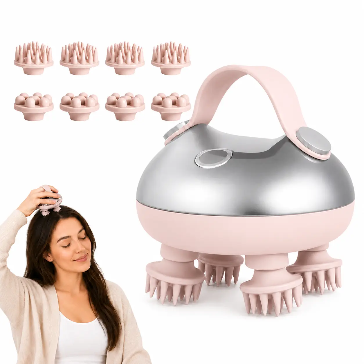 Cordless Electric Head Massager for Deep Kneading Stress Relief, USB-C Rechargeable Handheld Tool with 3 Modes & 2 Interchangeable Silicone Heads for Scalp, Neck, Shoulders, Removable, Head Massagers, Relaxation
