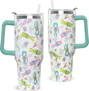 40 oz Reusable Stainless-Steel Insulated Easter Tumbler with Handle, Lid and Straw - Bunny Rabbit Coffee Travel Mug, Portable Water Bottle Flask, Happy Easter Decor Gift