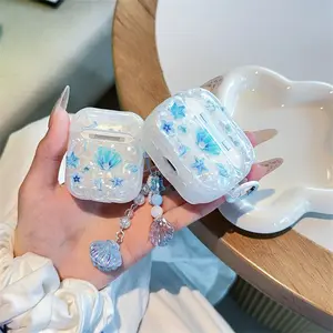 Shell patterned blue underwater world headphone protective case with shell chain pendant for AirPods 1 2 3 4 Pro Pro2