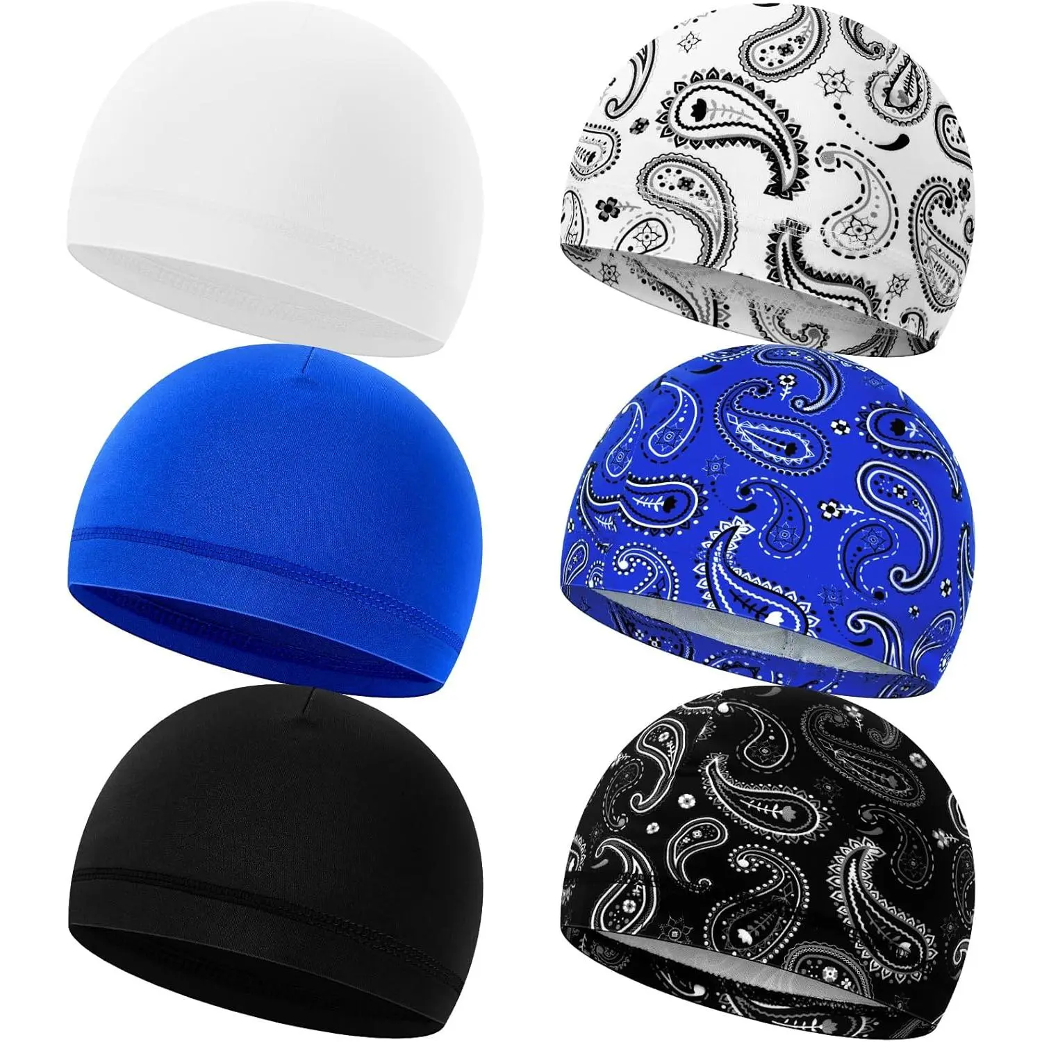 Adults' 6-Count Breathable Fabric Cooling Skull Cap Helmet Liner - Sweat-Wicking 1-Size Beanie Head Wrap for Mountain Biking, Dancing, Outdoor Activities - Universal Fit